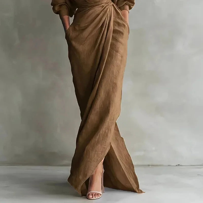 Women's linen wrap maxi dress with V-neck long-sleeve and pockets