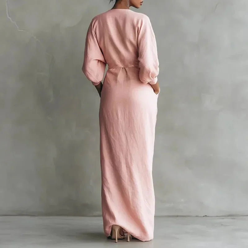 Women's linen wrap maxi dress with V-neck long-sleeve and pockets