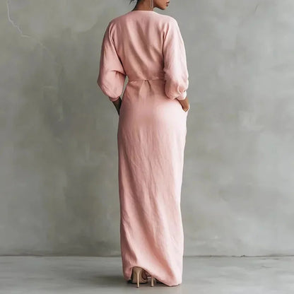Women's linen wrap maxi dress with V-neck long-sleeve and pockets