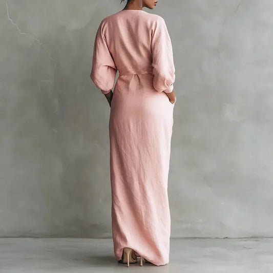Women's linen wrap maxi dress with V-neck long-sleeve and pockets