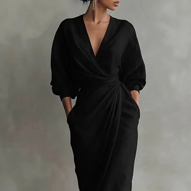 Women's linen wrap maxi dress with V-neck long-sleeve and pockets