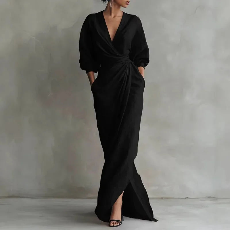 Women's linen wrap maxi dress with V-neck long-sleeve and pockets – Black