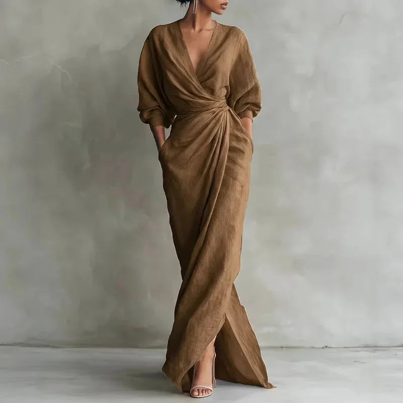Women's linen wrap maxi dress with V-neck long-sleeve and pockets – Brown