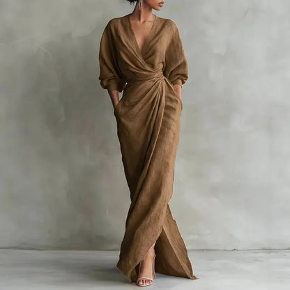 Women's linen wrap maxi dress with V-neck long-sleeve and pockets – Brown