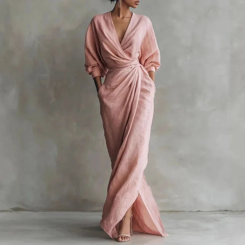 Women's linen wrap maxi dress with V-neck long-sleeve and pockets – Pink