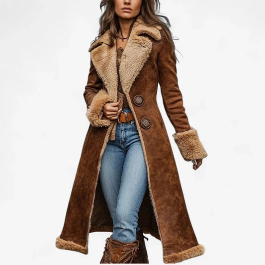 Women's long faux-shearling aviator jacket with faux-fur collar and cuffs – Brown