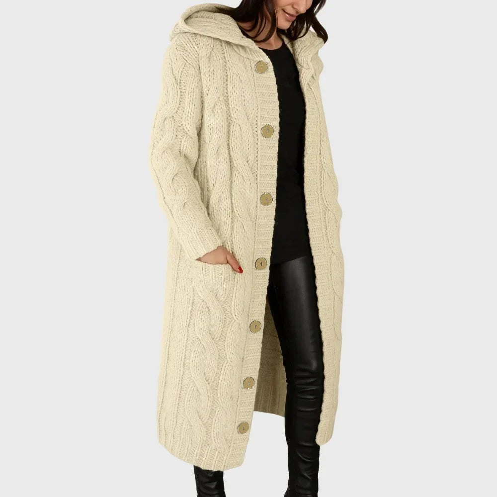 Women's long cable-knit hooded cardigan with button-front pockets – Beige