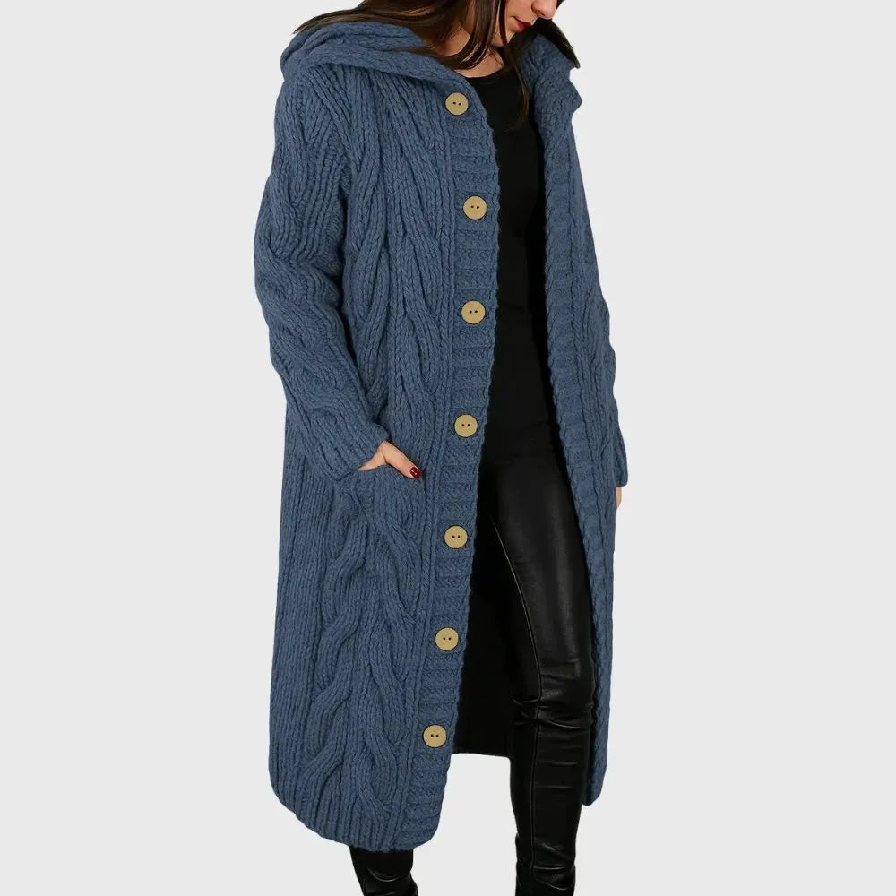 Women's long cable-knit hooded cardigan with button-front pockets – Blue