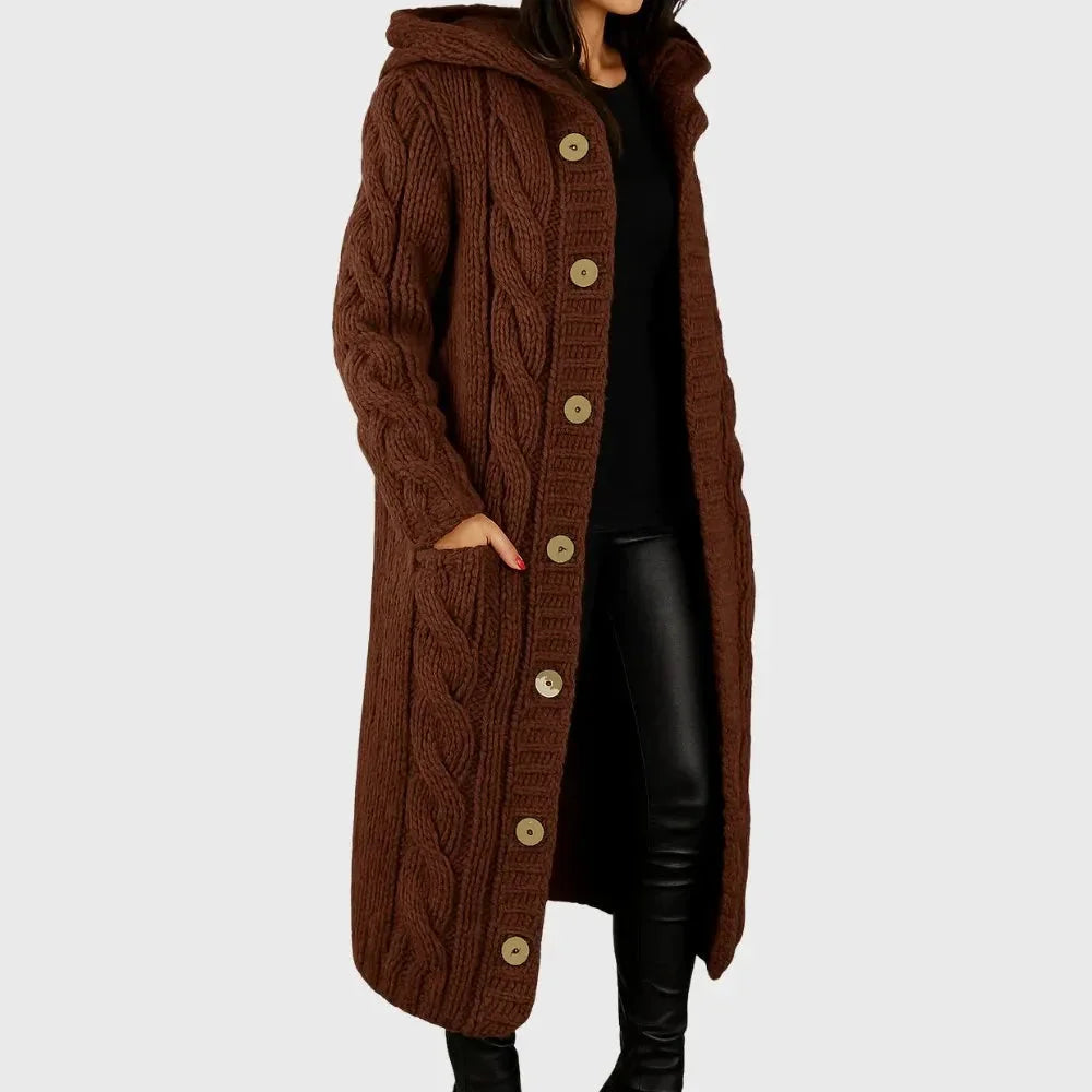 Women's long cable-knit hooded cardigan with button-front pockets – Brown