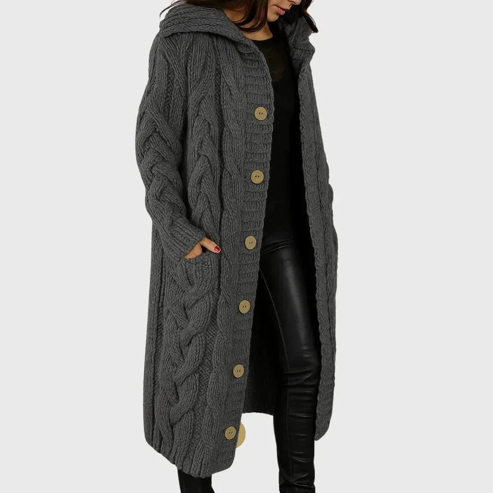 Women's long cable-knit hooded cardigan with button-front pockets – Dark Grey