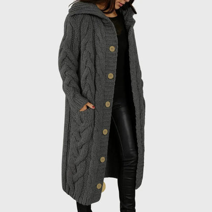Women's long cable-knit hooded cardigan with button-front pockets – Dark Grey