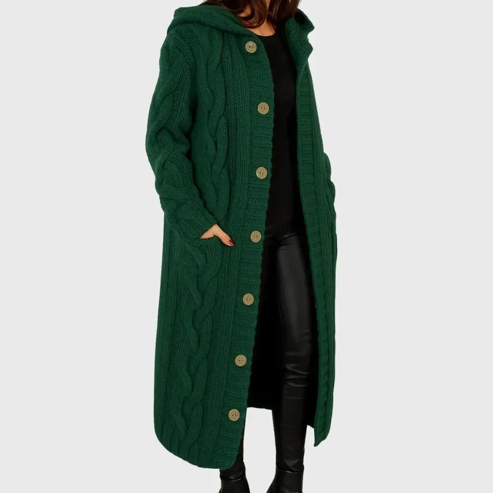 Women's long cable-knit hooded cardigan with button-front pockets – Green