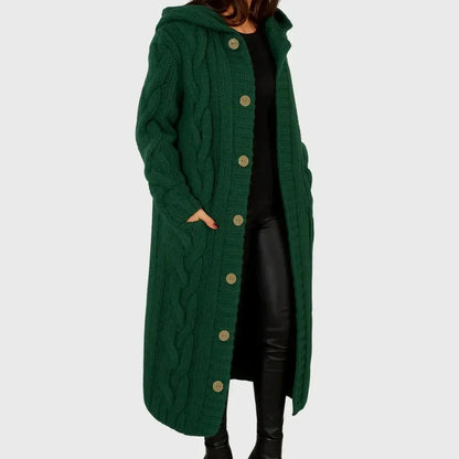 Women's long cable-knit hooded cardigan with button-front pockets – Green