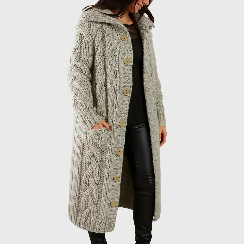Women's long cable-knit hooded cardigan with button-front pockets – Grey