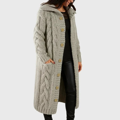 Women's long cable-knit hooded cardigan with button-front pockets – Grey