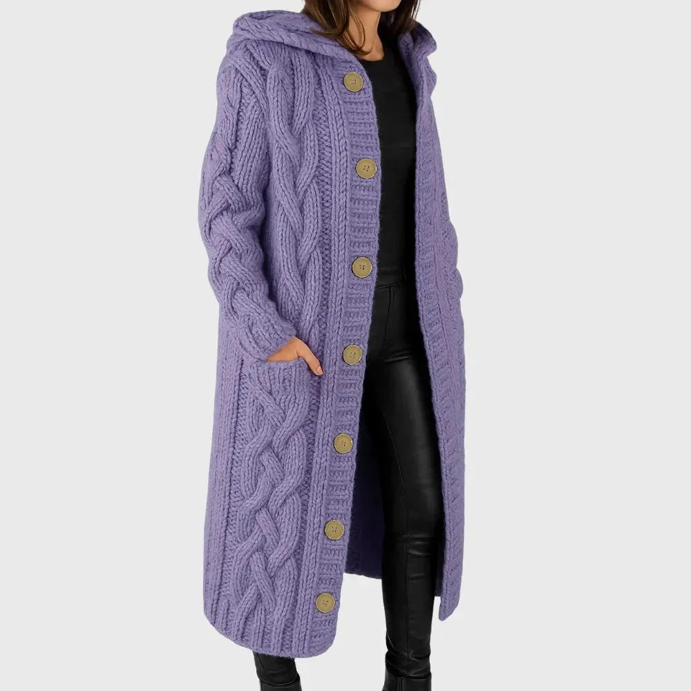 Women's long cable-knit hooded cardigan with button-front pockets – Lilac