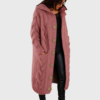Women's long cable-knit hooded cardigan with button-front pockets – Pink