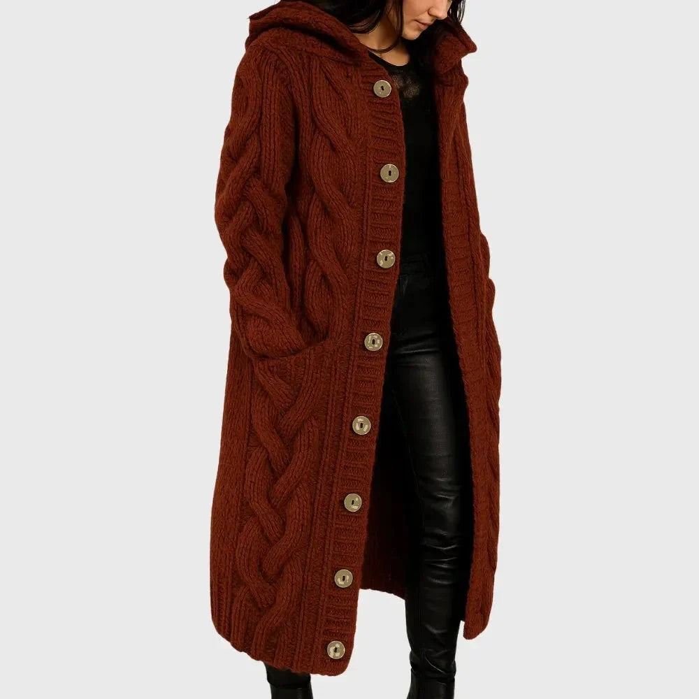 Women's long cable-knit hooded cardigan with button-front pockets – Red