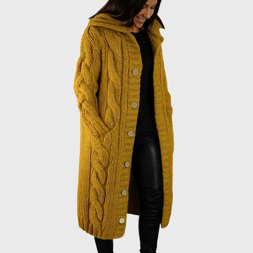 Women's long cable-knit hooded cardigan with button-front pockets – Yellow