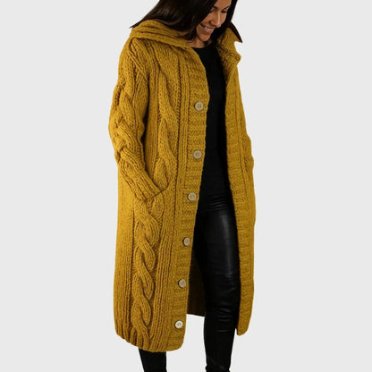 Women's long cable-knit hooded cardigan with button-front pockets – Yellow