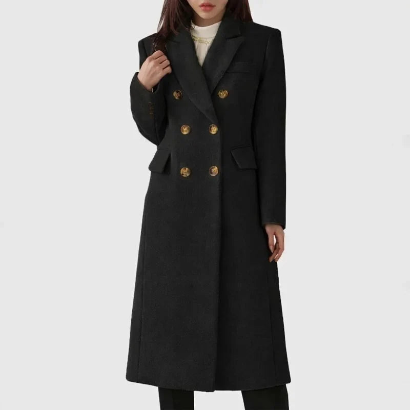 Women's long double-breasted wool blend coat with notched lapel – Black