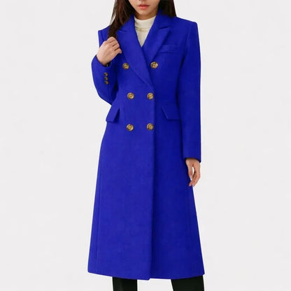Women's long double-breasted wool blend coat with notched lapel – Blue