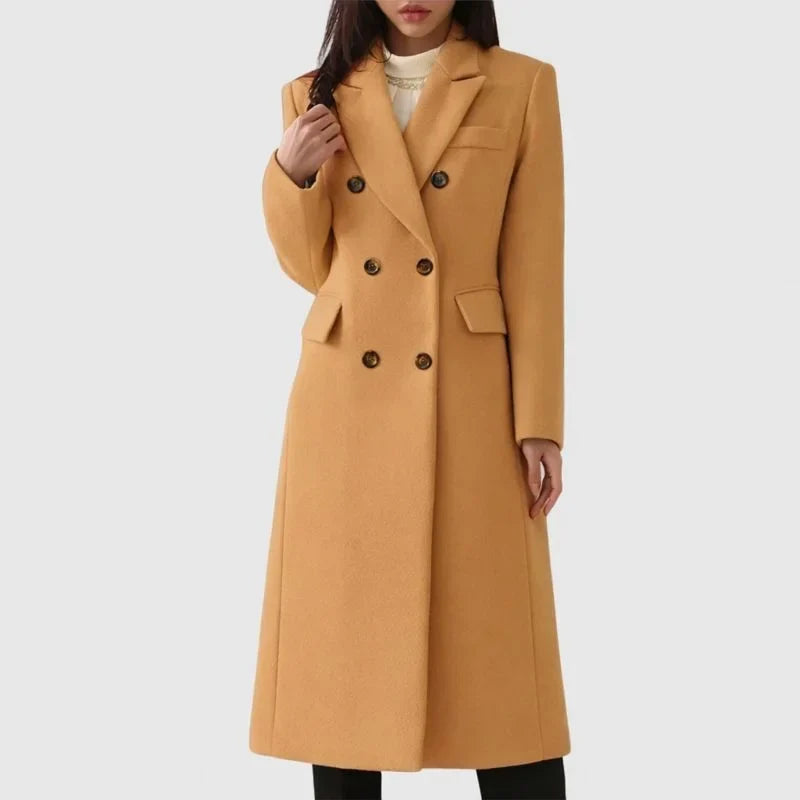 Women's long double-breasted wool blend coat with notched lapel – Brown