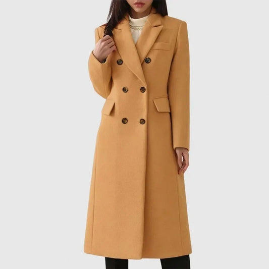Women's long double-breasted wool blend coat with notched lapel – Brown