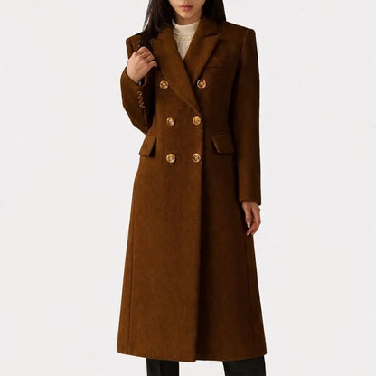 Women's long double-breasted wool blend coat with notched lapel – Dark brown