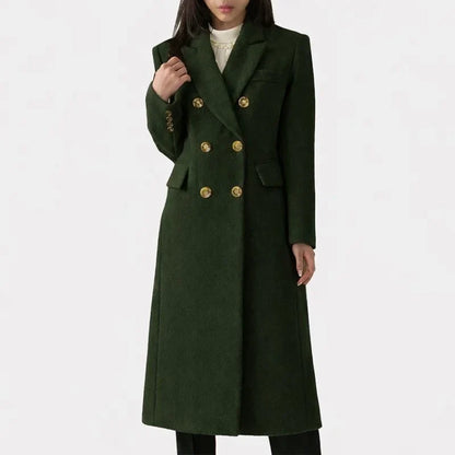 Women's long double-breasted wool blend coat with notched lapel – Dark Green