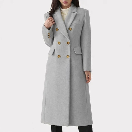 Women's long double-breasted wool blend coat with notched lapel – Grey