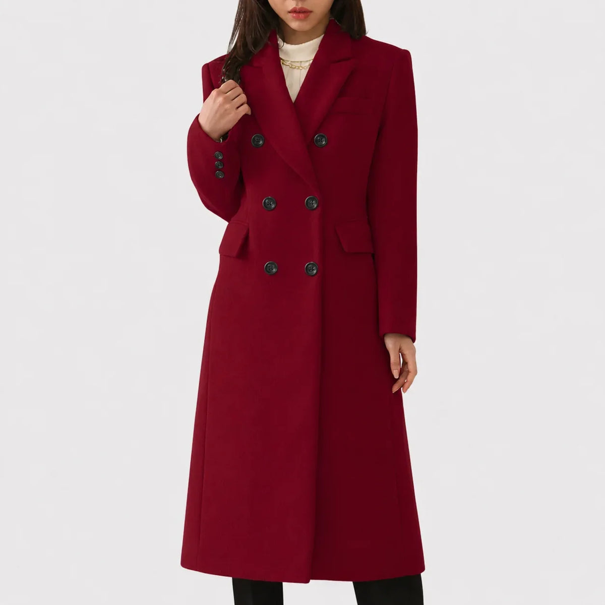 Women's long double-breasted wool blend coat with notched lapel – Red