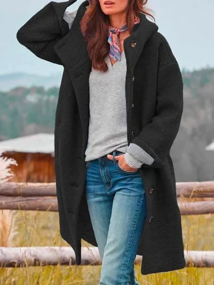 Women's long hooded button-front fleece coat – Black