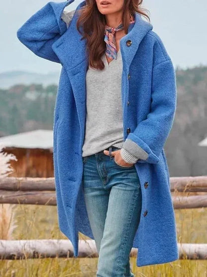 Women's long hooded button-front fleece coat – Blue