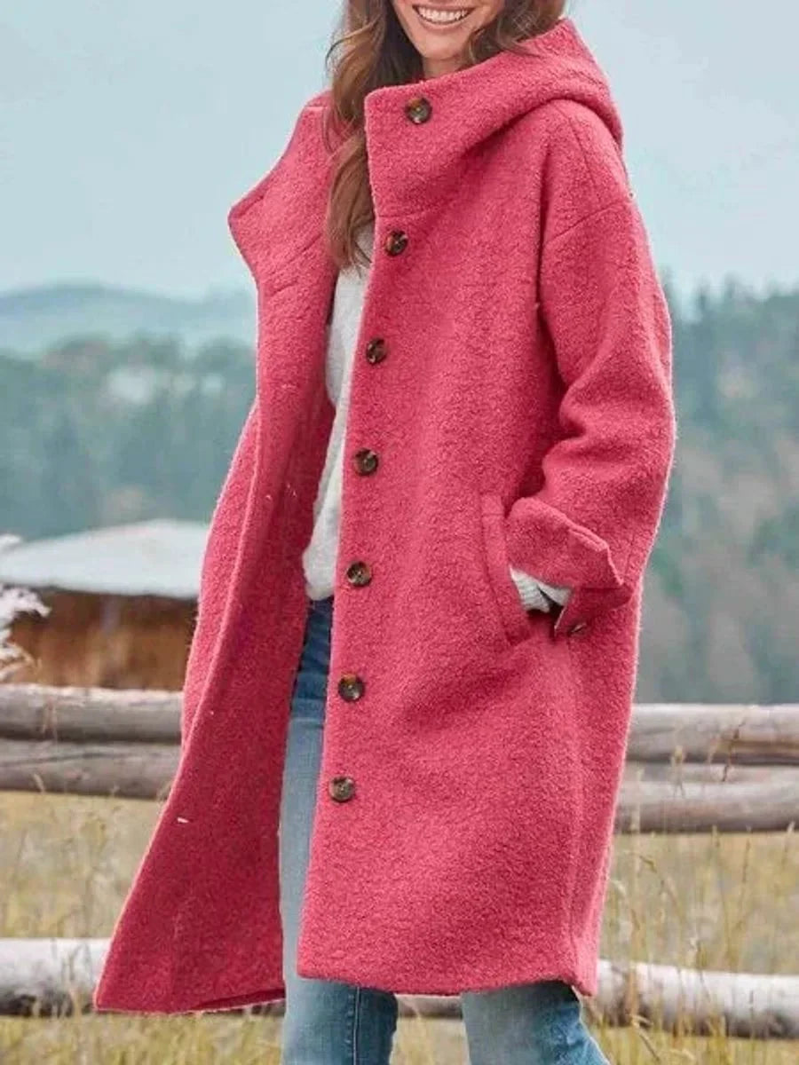 Women's long hooded button-front fleece coat – Pink
