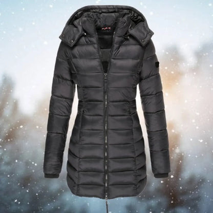 Women's long hooded puffer quilted jacket zip-up winter coat – Black