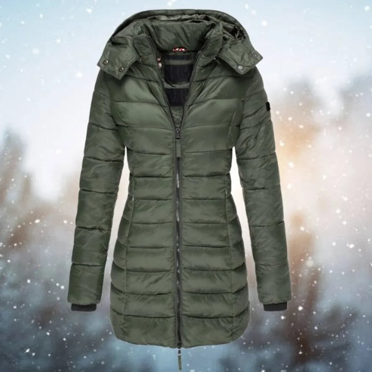 Women's long hooded puffer quilted jacket zip-up winter coat – Green