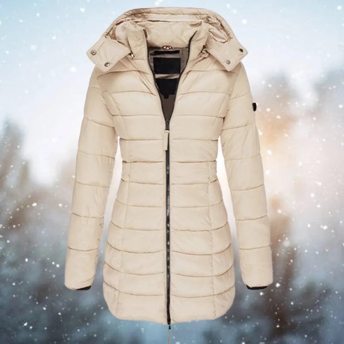 Women's long hooded puffer quilted jacket zip-up winter coat – Khaki