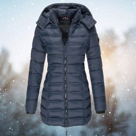 Women's long hooded puffer quilted jacket zip-up winter coat – Navy Blue