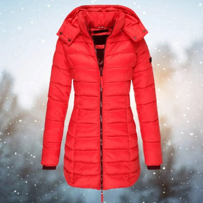 Women's long hooded puffer quilted jacket zip-up winter coat – Red
