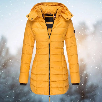 Women's long hooded puffer quilted jacket zip-up winter coat – Yellow