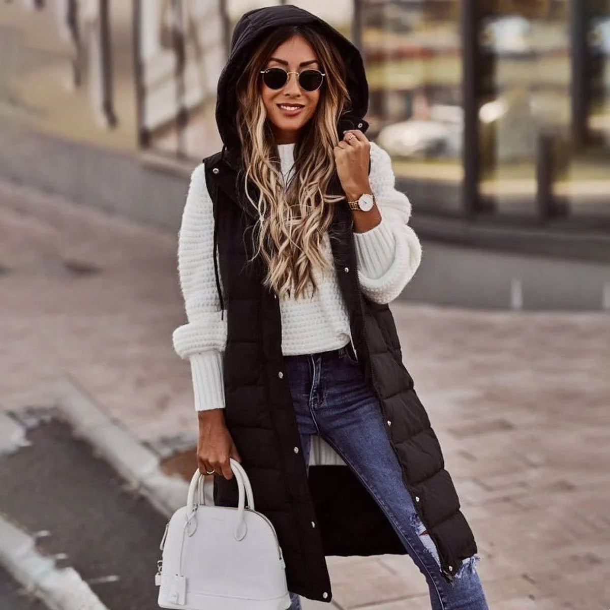 Women's long hooded quilted puffer vest sleeveless winter coat