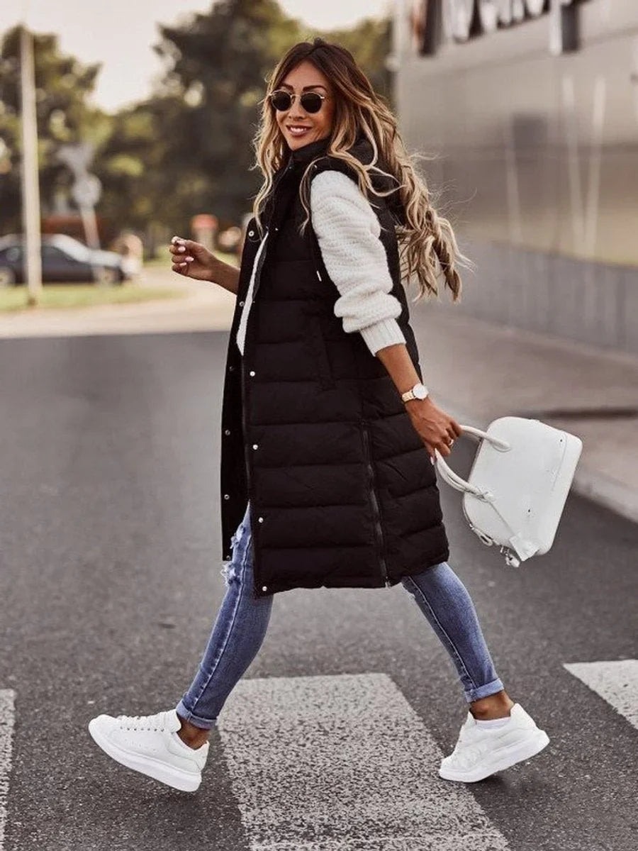 Women's long hooded quilted puffer vest sleeveless winter coat