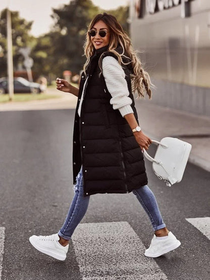 Women's long hooded quilted puffer vest sleeveless winter coat