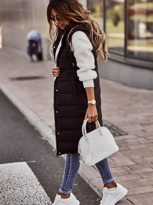 Women's long hooded quilted puffer vest sleeveless winter coat