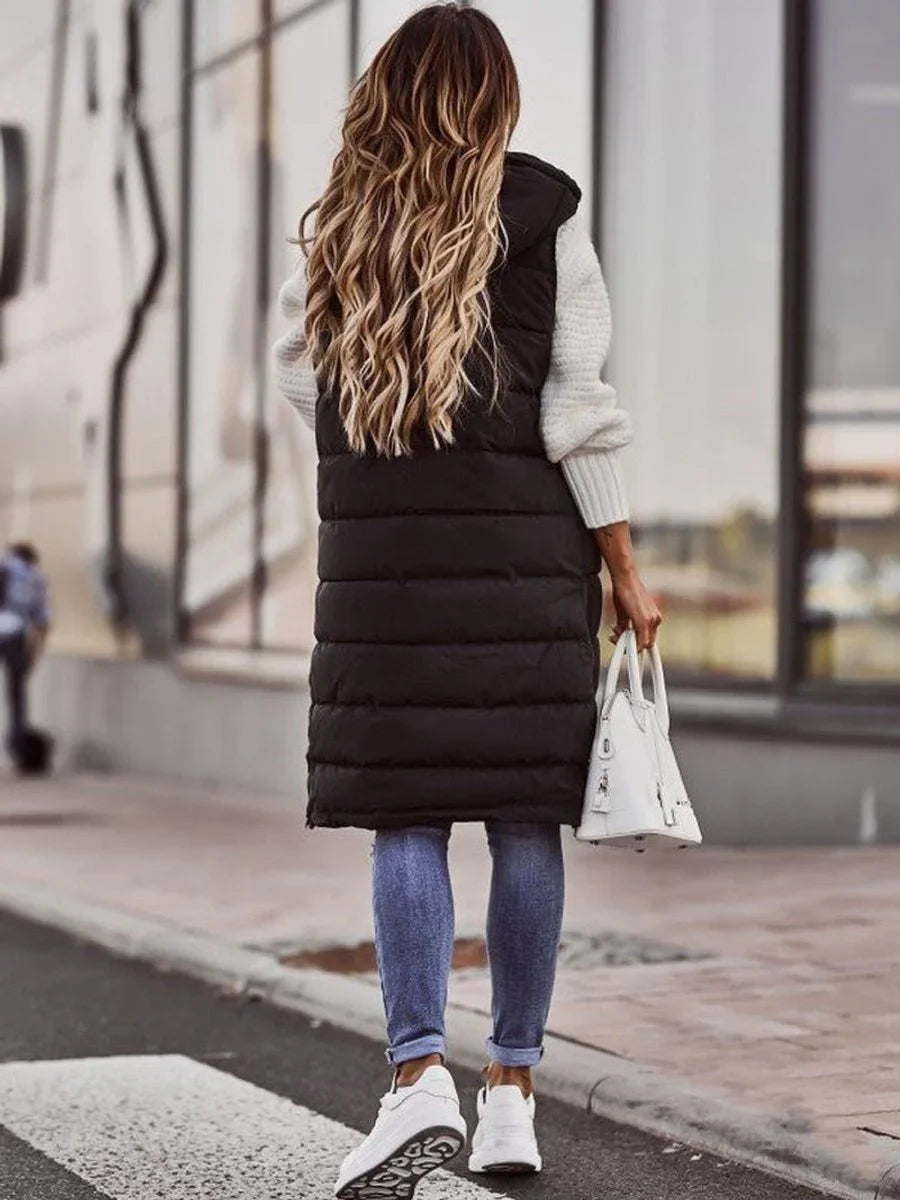 Women's long hooded quilted puffer vest sleeveless winter coat