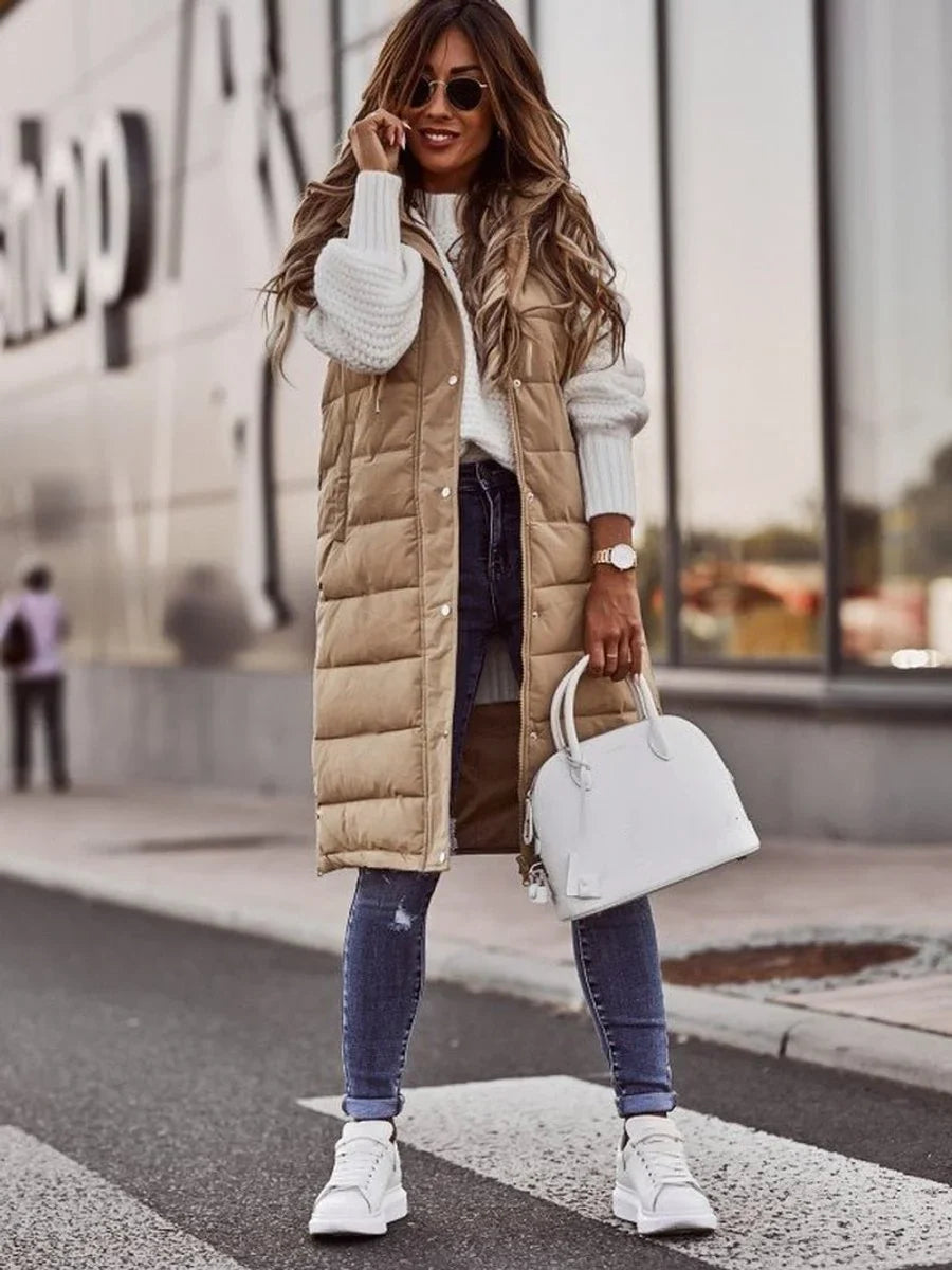 Women's long hooded quilted puffer vest sleeveless winter coat – Beige