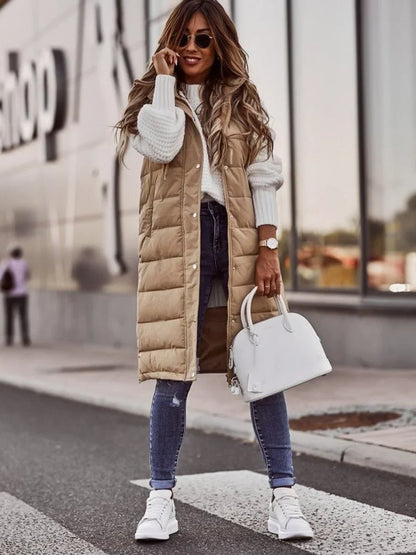 Women's long hooded quilted puffer vest sleeveless winter coat – Beige