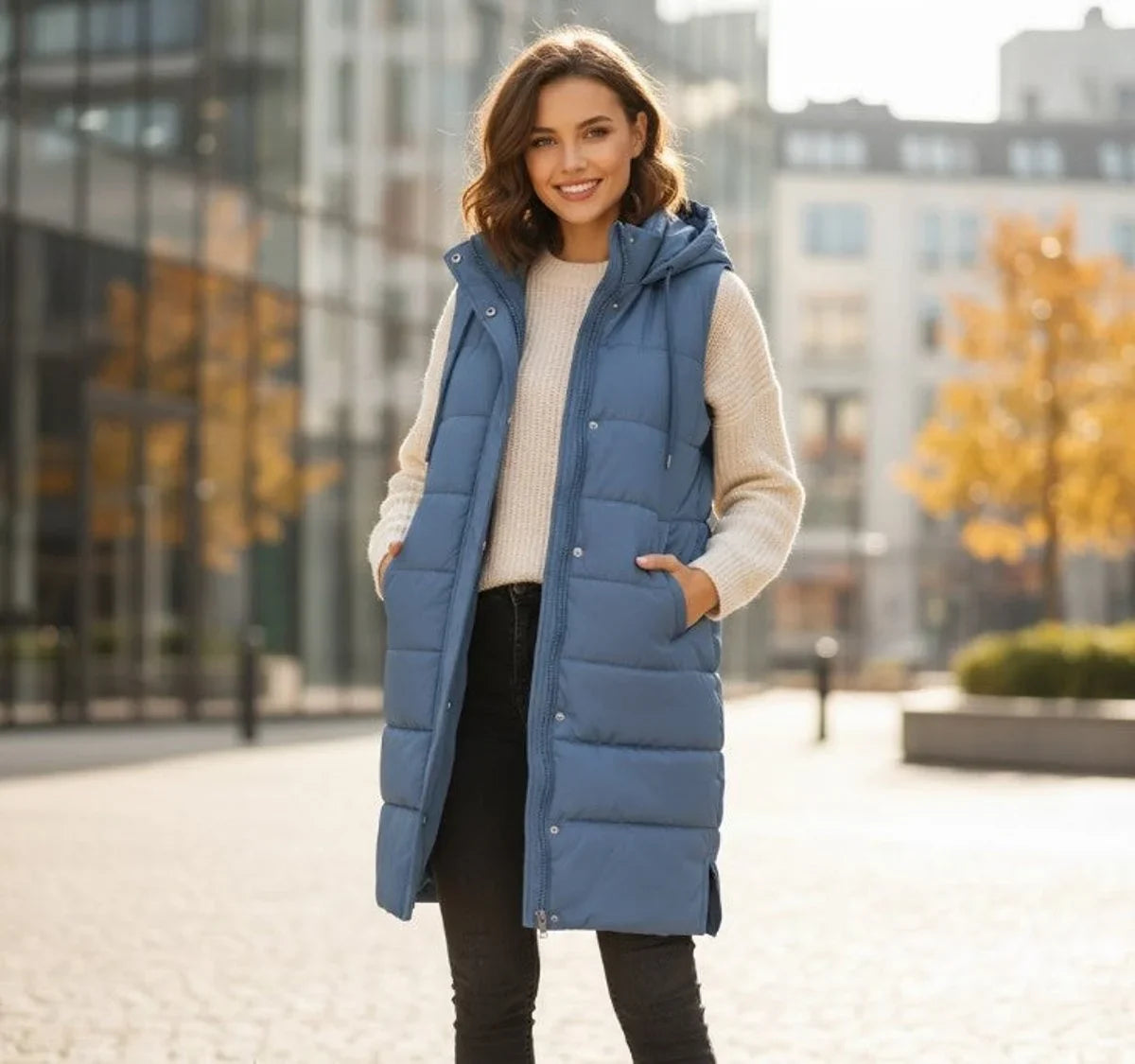 Women's long hooded quilted puffer vest sleeveless winter coat – Blue