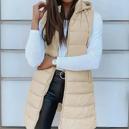 Women's long hooded sleeveless puffer vest lightweight layering gilet – Beige